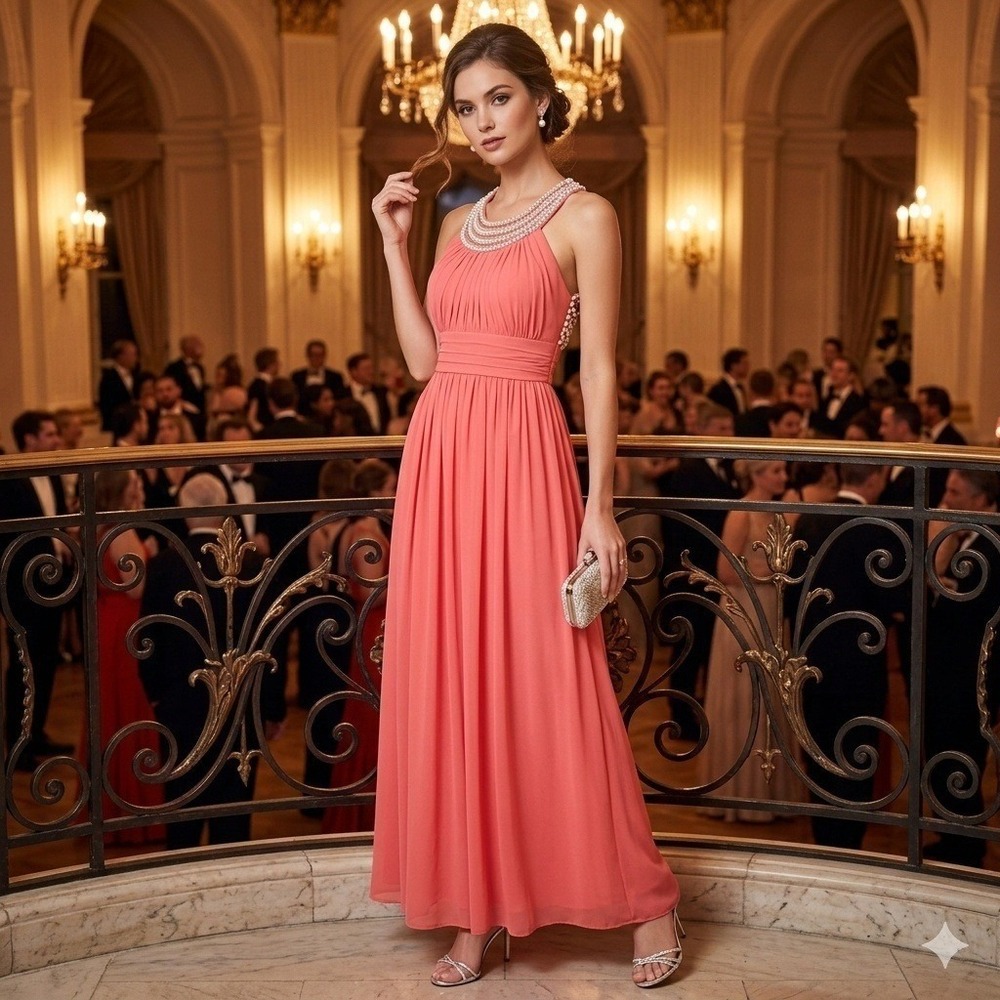 F.I.E.S.T.A. Fashion Gown Women XL Coral Pearl Rhinestone Embellished Maxi Dress